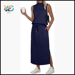 Sleeveless Mock Neck Crop Top Split Maxi Skirt Set with Pockets Size Medium
